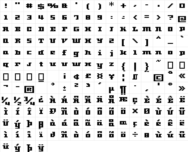 01Quadratix Bold  glyph index