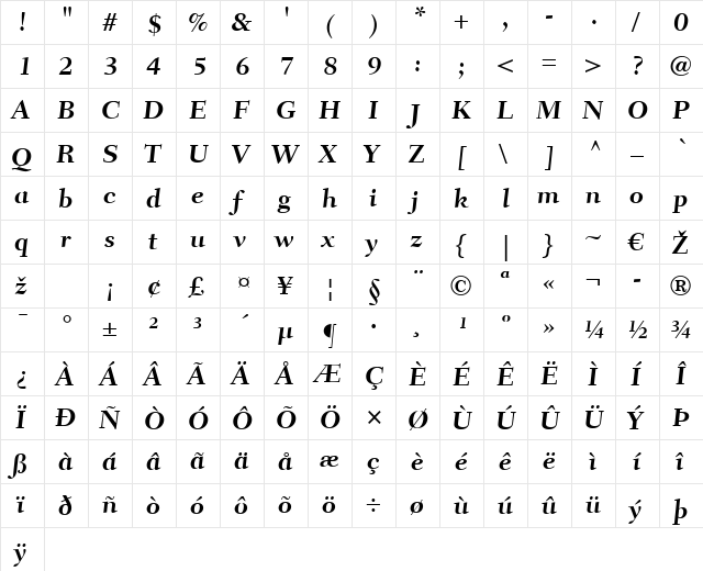 Fairfield LT CaptionMedium Bold  glyph index