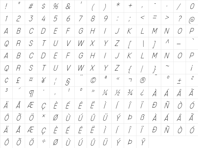 Mixolydian Titling ExtraLight Italic  glyph index