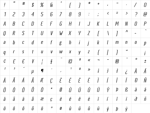 CynapseBold Oblique Regular  glyph index
