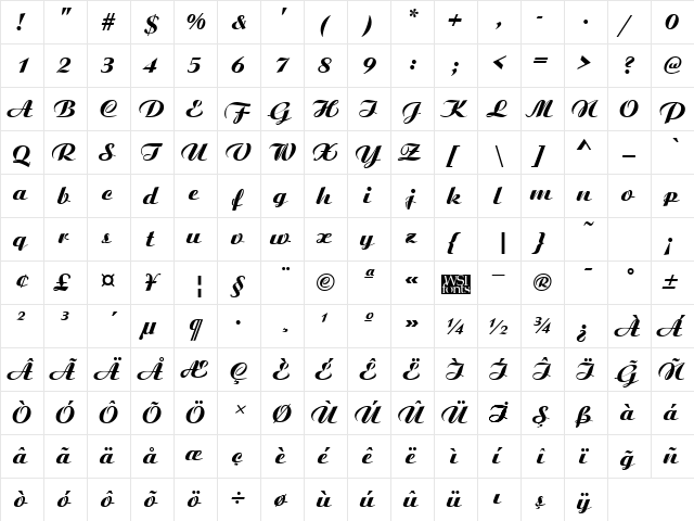 TR Aristocrat Regular  glyph index
