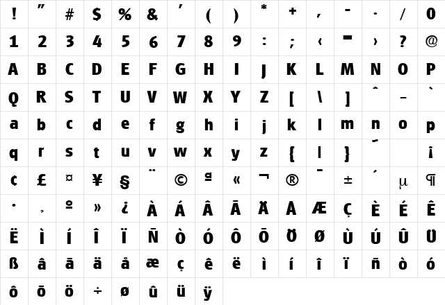 Glasgow-Serial-ExtraBold Regular  glyph index