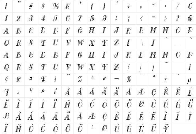 Gallery Condensed Italic  glyph index