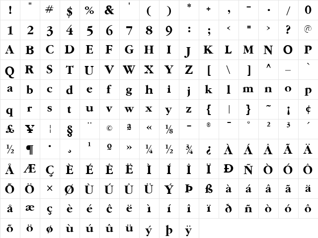 GaramondFLF-Bold Regular  glyph index