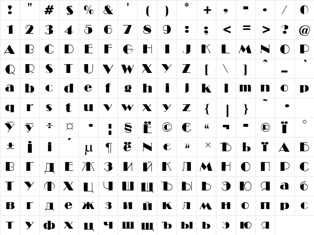 Broadway Normal  glyph index