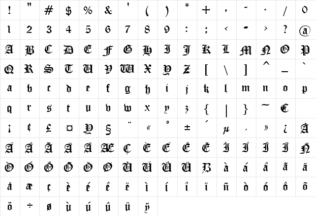 Sherwood Regular  glyph index