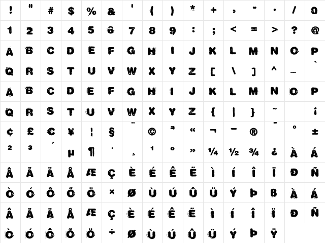 Trashold Regular  glyph index