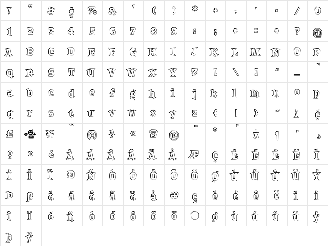 Bordello Shaded  glyph index