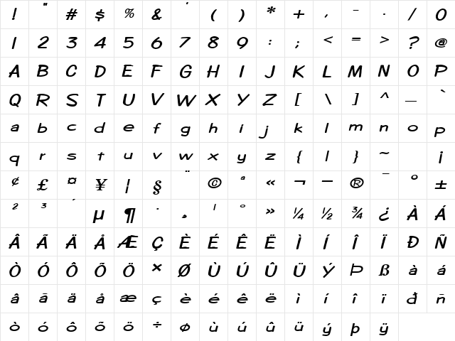 CopybookExtended Bold Italic  glyph index