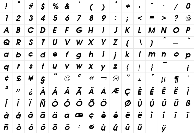 Avant Garde Bold Italic  glyph index