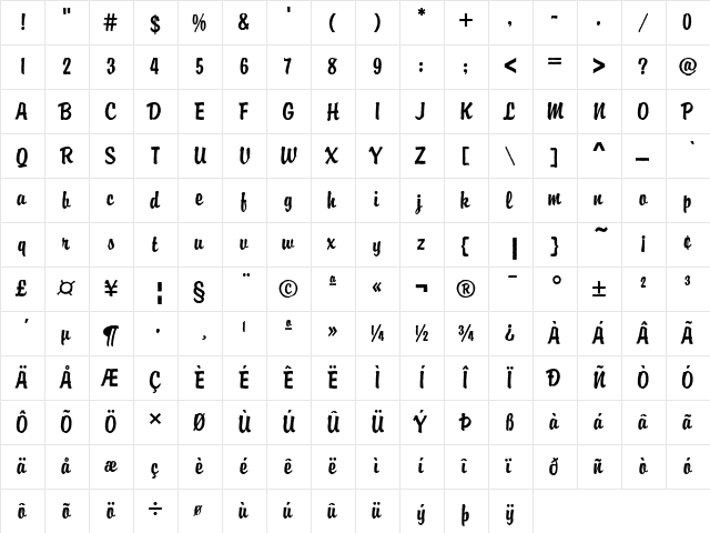 DTC Brody M41 Regular  glyph index
