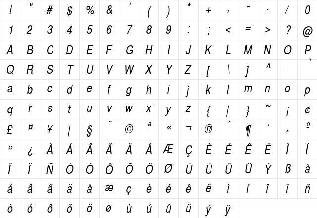 SwitzerlandNarrow Italic  glyph index