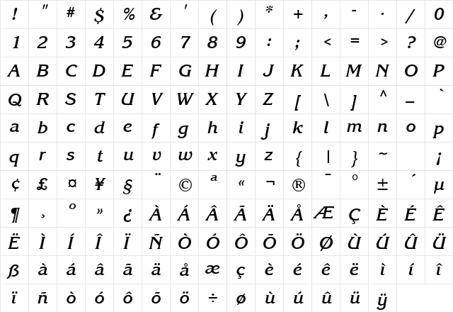 KarlaJohnson6 BoldCursiveSH  glyph index