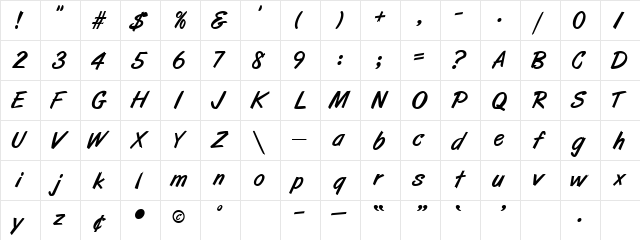 ArtBrush Regular  glyph index