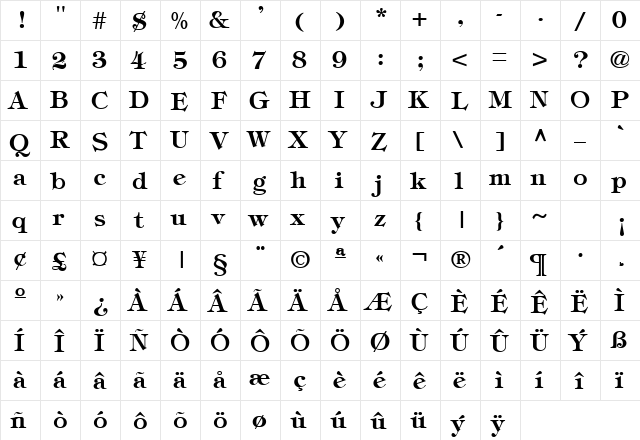 Tiffey Bold  glyph index