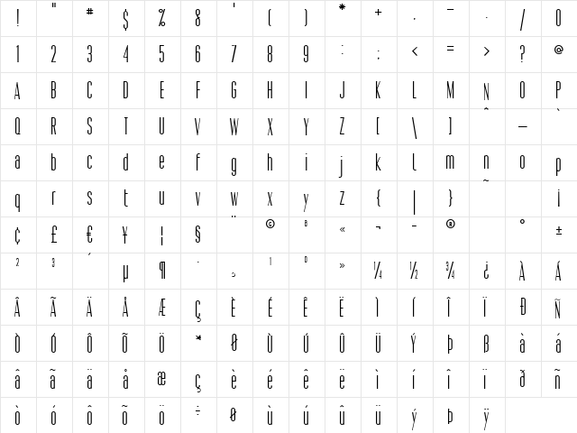 Pacific Sans Light  glyph index