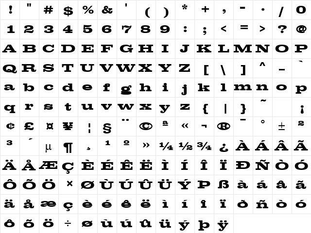 Clarendon Bold Expanded Regular  glyph index