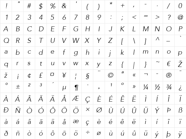 Avenir LT 35 Light Italic  glyph index