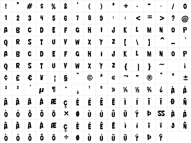 Nightclub BTN Cn Regular  glyph index