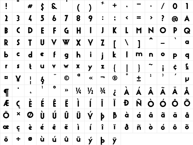 Urban Stone Regular  glyph index