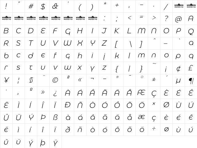Eastman Alternate Trial Light Italic  glyph index
