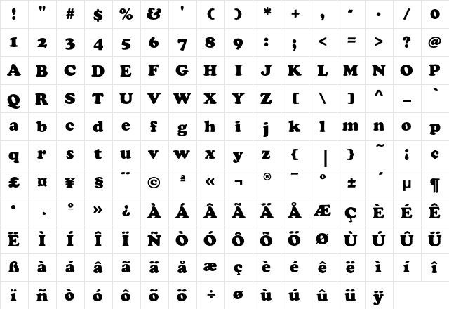 CooperBlackEF-Bold Regular  glyph index