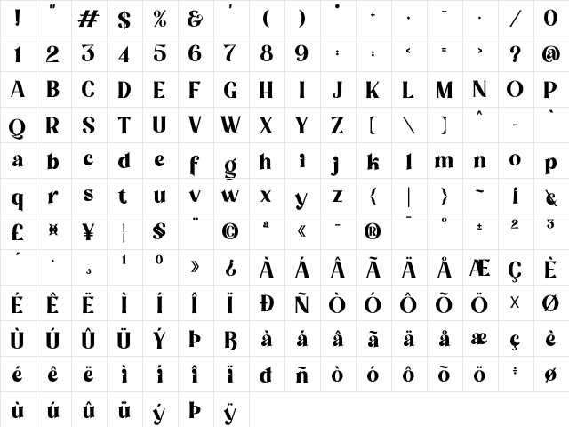 Mount Hills Regular  glyph index
