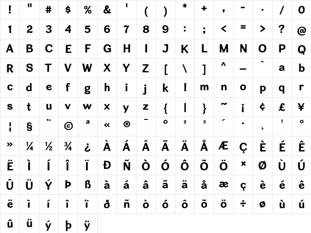 Cardigan Bold  glyph index