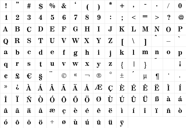 Magazine Bold  glyph index