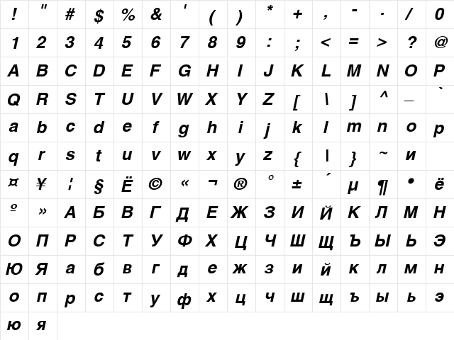 AGHlvCyrillic Bold-Italic  glyph index