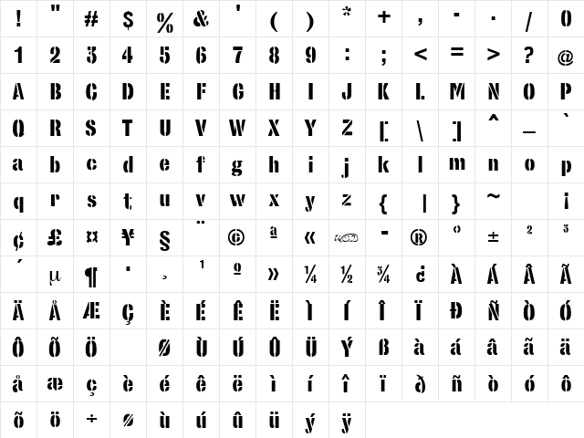 StencilSans fed  glyph index