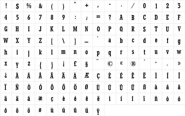 Beton BQ Regular  glyph index