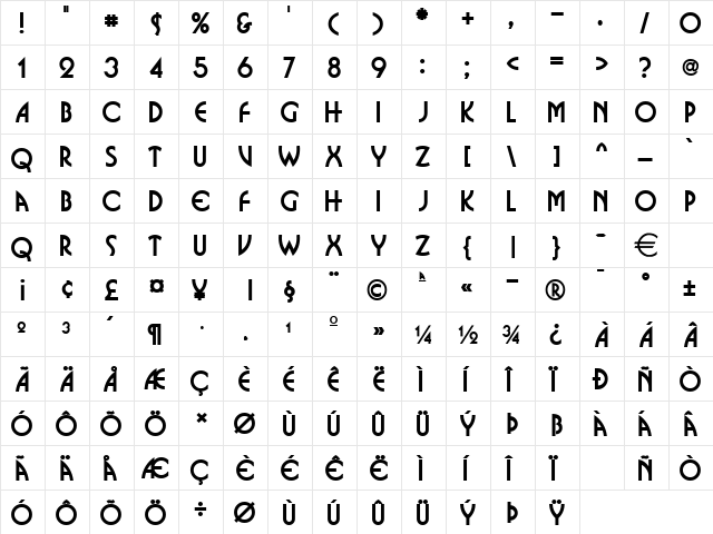 BussoWide Normal  glyph index