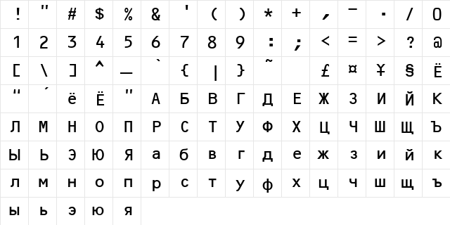 OCR B Regular  glyph index