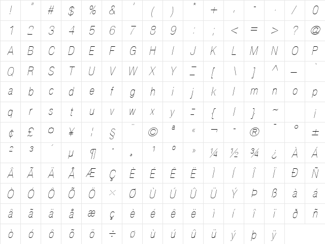 Helvetica Neue LT Com 27 Ultra Light Condensed Oblique  glyph index