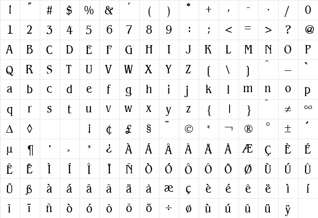 BenjaminCond Regular  glyph index
