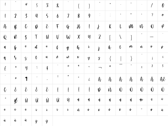sacred Love Regular  glyph index