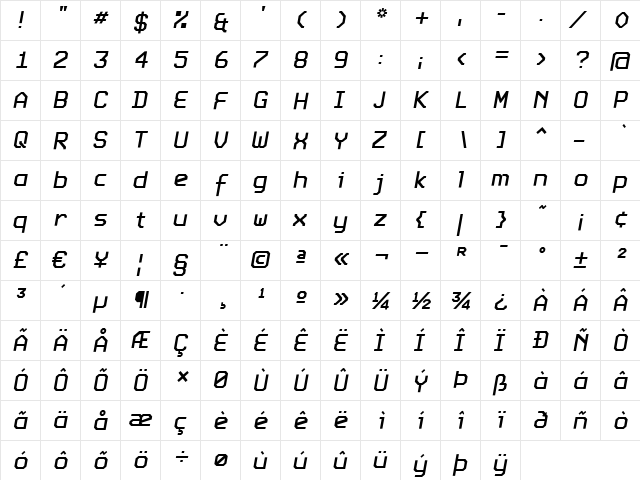 Expo Regular  glyph index