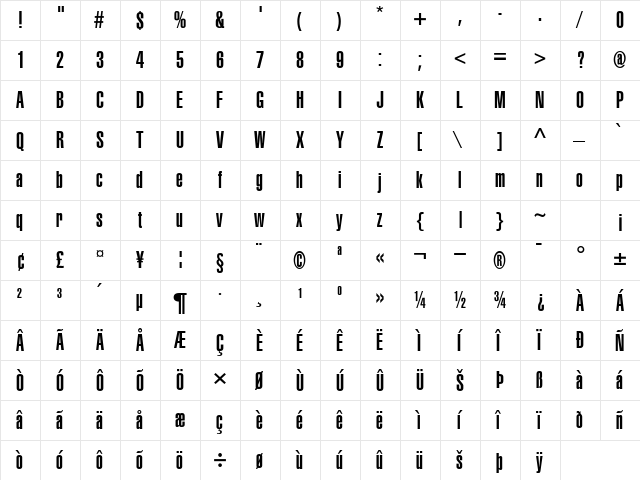 CorporateCompressedUltra Regular  glyph index