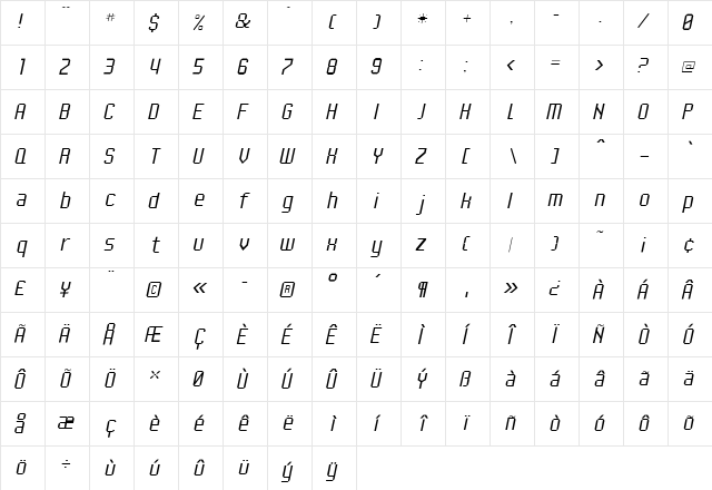 UNDA Italic  glyph index