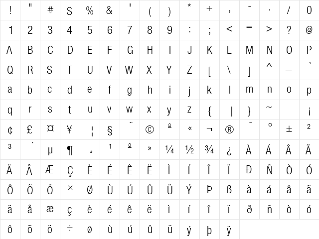 Sans Light Cond. Regular  glyph index