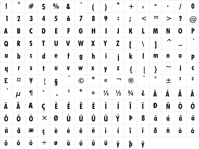 Futura Bold Condensed  glyph index