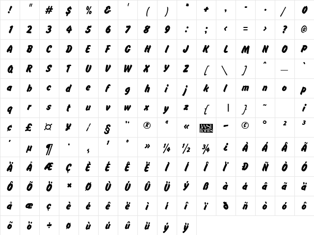 BrushHand Regular  glyph index