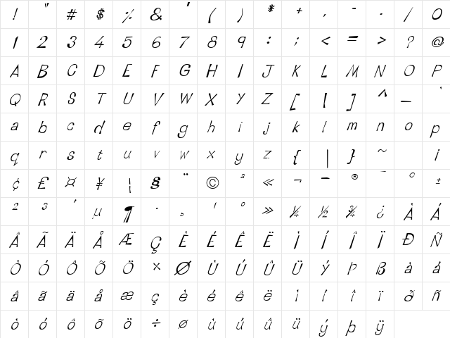 LTTapeside Regular Oblique  glyph index