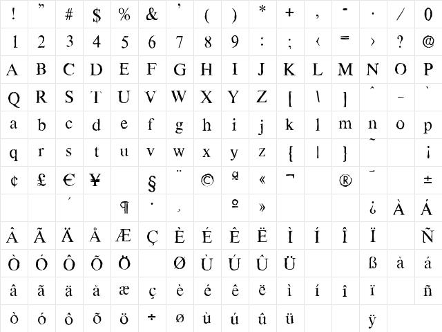 ThamesAntique Regular  glyph index