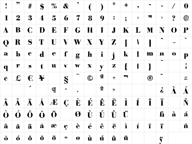 BodoniAntique-Xbold Regular  glyph index