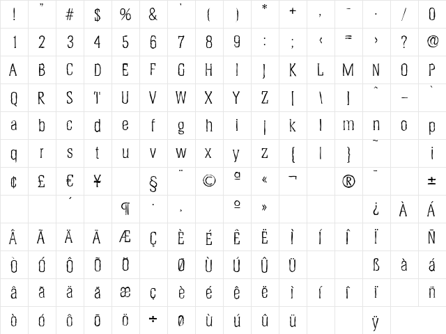HeliumAntique-Light Regular  glyph index