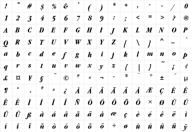 GaramondLitCdITC Bold Italic  glyph index