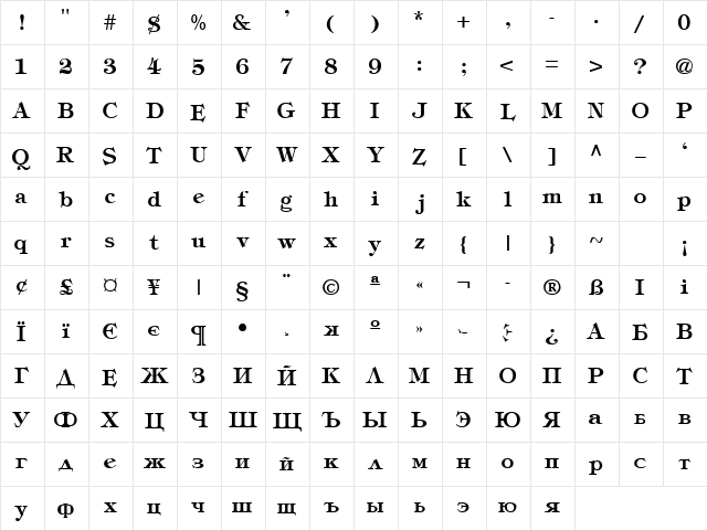 Tiffany Light  glyph index