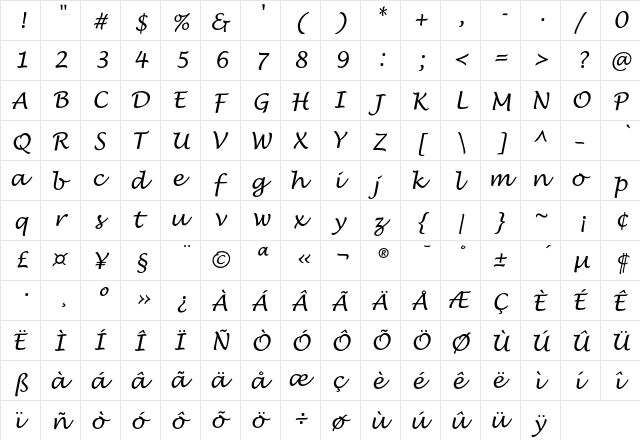 LucidaHandwritingEF Regular  glyph index